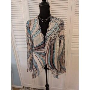 Komarov Blouse Women's M Crinkled Lace Blue Tan Vortex Abstract Art To Wear Boho